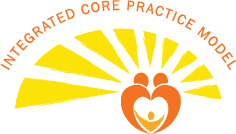 Illustration Logo of two figures forming a heart with sun rays for ICPM